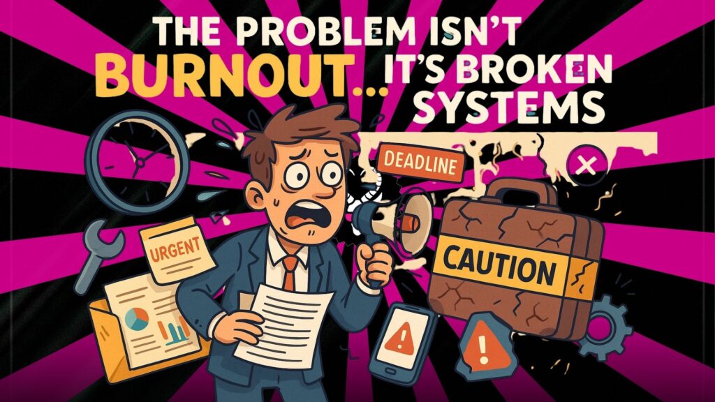 Cartoon-style digital illustration of a chaotic office with papers flying, burnt-out team members, and broken systems represented by tangled wires and alarms