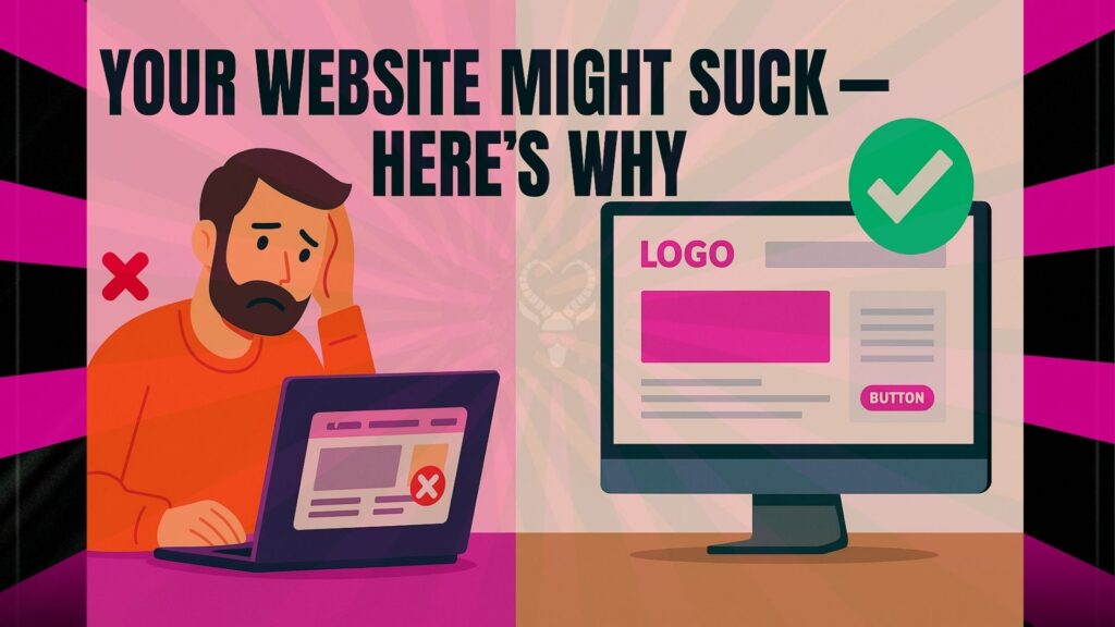 Frustrated business owner looking at outdated website contrasted with a clean, effective site design