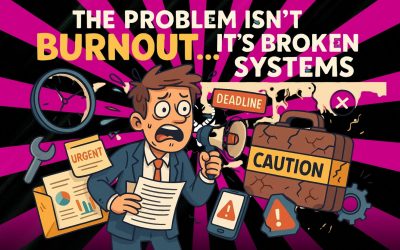 Cartoon-style digital illustration of a chaotic office with papers flying, burnt-out team members, and broken systems represented by tangled wires and alarms