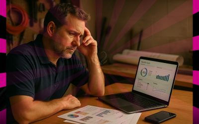 Frustrated home service business owner reviewing website audit report on laptop
