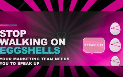 Bold graphic design with text "Stop Walking on Eggshells" highlighting marketing team communication advice for home service business owners including plumbers, HVAC contractors, and electricians